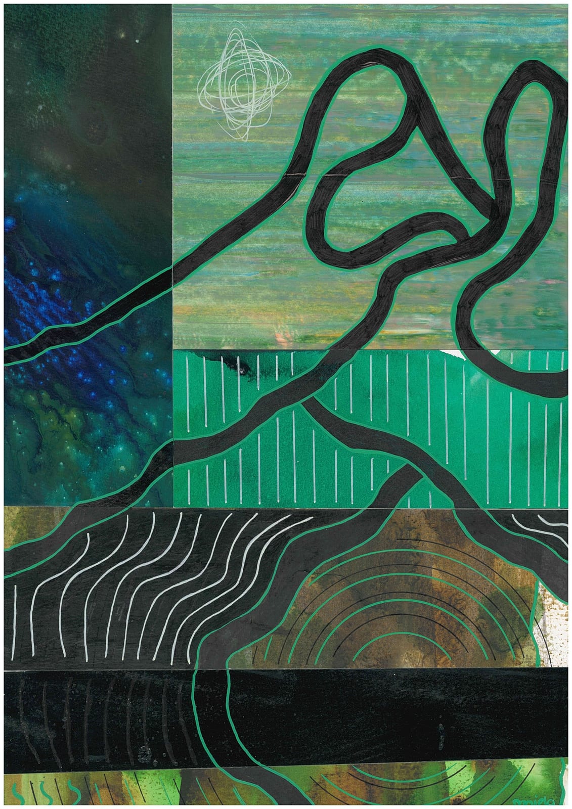 Calm Above, Chaos Below, Mixed media on paper